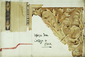 Intarsia Panel, Certosa di Pavia, 1891 (tužka a akvarel na papíře) od Charles Rennie Mackintosh