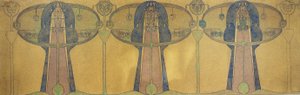 Dekorativní vlys stylizovaných lidských postav, stromových a rostlinných forem, kolem roku 1895 (tužka a akvarel na šedém uměleckém papíře) od Charles Rennie Mackintosh