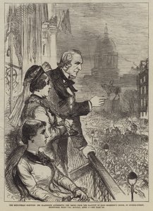 Volby do Midlothian, pan Gladstone promlouvá k davu z balkonu domu lorda Roseberyho v George-Street, Edinburgh, 8:00, pondělí 5. dubna