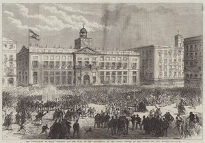 Revoluce ve Španělsku, vyvěšení vlajky revoluce na úřadě na náměstí Puerta del Sol v Madridu. od Sir John Charles Robinson