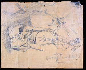 Poručík Leslie Gooldie spí pod palbou granátů, 1915