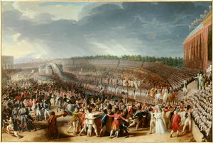 Francouzská revoluce: „“slavnost Federace 14. července 1790 na Champ de Mars““ Malba Charlese Thevenina (1764-1838) 1790 Ne. 1,27x1,83 m Paříž, Musee Carnavalet