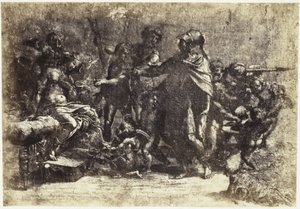 Fotoreprodukce kresby Raphaela, scéna s vojáky, nahou ženou a andělem