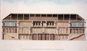 Průřez Palais des Etats Generaux, Brusel, z „Výběr z nejpozoruhodnějších památek, budov a domů Nizozemského království“ od Pierra Jacquese Goetghebuera, vydáno 1827 (akvatinta) (viz také 189231) od Charles Vander Straeten