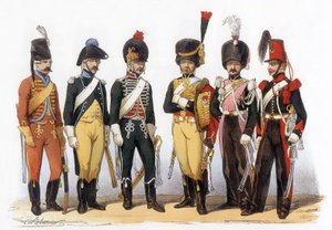 Kostýmy francouzské armády: Lancers g-d: 1745 souborový lovec (pod LouisXV); 1785 za Ludvíka XVI.; 1794 republika; 1810 císařská stráž (1. říše); 1824 královská stráž (obnovení); 1840, kresba Charles Vernier (1831-1887).