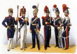Uniformy francouzské armády: Národní garda (dělostřelectvo a kavalérie) 18-19 století, rytina Charlese Verniera (1831-1887)