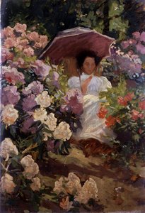 Dívka se slunečníkem. Mladá dívka se slunečníkem v rozkvetlé zahradě. Obraz Charlese Wellingtona Furse (1868-1904, Anglie) Soukromá sbírka