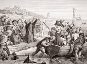 Odchod otců poutníků z Delft Haven v červenci 1620, z „Ilustrací anglické a skotské historie“ svazek I (rytina)