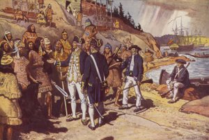 Captain Cook at Nootka (color litho)