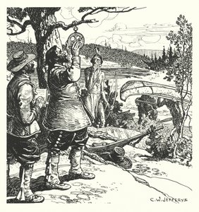 Champlain při pozorování astrolábem na řece Ottawě