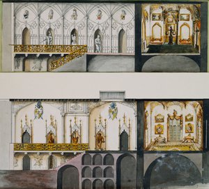 Alternativní projekty pro sál, galerii a kresbu - Pokoj na zámku Charleville: Sekce (pero a inkoust a w/c na papíře) od Charles William Bury