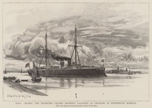 HMS Blake, chráněný křižník nedávno vypuštěný v Chathamu v přístavu Portsmouth