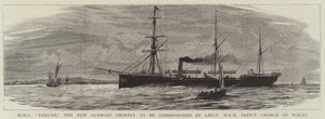 HMS Thrush, nový dělový člun, který bude brzy uveden do provozu poručíkem HRH princem Georgem z Walesu od Charles William Wyllie