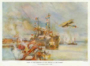 Konečně doma - Válečtí zajatci přijíždějící do Humberu (barevné lito) od Charles William Wyllie