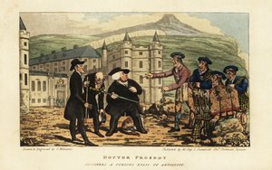 Skotský zedník informující anglické turisty, že jejich rezavý starověký falchionský meč je moderní čepel od Andrea Ferrary před palácem Holyrood v Edinburghu