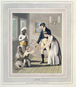 Evropská dáma a její rodina za účasti Ayah neboli sestry, deska 17 z „Evropana v Indii“, vydaného v roce 1813 (ručně kolorovaná akvatinta)