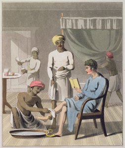 A Gentleman Dressing, za účasti jeho nositele hlavy a dalších služebníků, deska 4 z „Evropana v Indii“, vydaného v roce 1813 (ručně kolorovaná akvatinta)