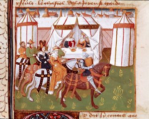Příjezd rytířů na hostinu pořádanou králem Artušem a královnou Guenievre v Camelotu (Camaloth nebo Camaaloth) Miniatura převzatá z románu „Romanesque du Chevalier Tristan““ od mistra Karla z Maine 1440-1460. Chantilly, Conde Museum