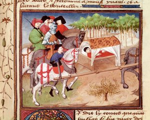 Lucanské rány od Tristan Miniature převzaté z „“Romanesque du Chevalier Tristan““ od mistra Charlese de Maine (beroulská verze)