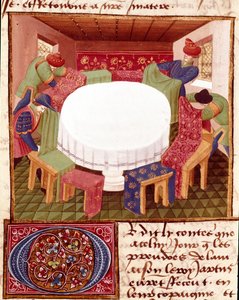 Přípravy kulatého stolu při příchodu miniaturních rytířů převzaty z románu „Romanesque du Chevalier Tristan““ od mistra Charlese de Maine (verze Beroul). 1440-1460. Chantilly, Conde Museum