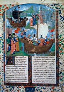 Tristan a Iseult (Isolde nebo Yseult) opouštějí Irsko, Tristan pije filtr lásky. Hluboko uvnitř jsou jejich dvě těla přivezena zpět do Irska. Miniatura z rukopisu ms. 103 f.1 Tristanův román““ připisovaný mistru Charlesi z Maine. 15. století
