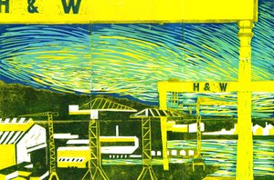 Harland & Wolff Cranes, Belfast, 2022 (linotisk) od Charlotte Orr