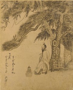 Příprava elixíru pod borovicí, dynastie Čching, 1651 (inkoust na zlatém papíře) od Chen Hongshou