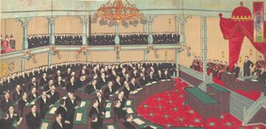 Ilustrace Císařského sněmu Domu Peers Teikoku gikai kizokuin no zu..., 1890.