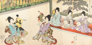 Dámy v čekání na hrad Chiyoda: Nácvik meče a loutkový kjógen, 1895., 1895.