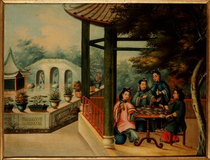 Scéna z čínské zahrady s dámami při čaji, polovina 19. století od Chinese School