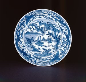 Modrobílé nádobí malované mudrcem a obsluhou, značka Wanli a období, 1573-90 (porcelán)
