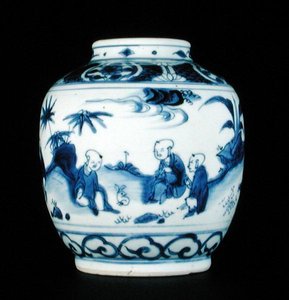 Modrobílá dóza malovaná chlapcem se zajícem, Wanli nebo Chongzheng, 1600-30 (porcelán) (viz 206093, 206094, 206096)