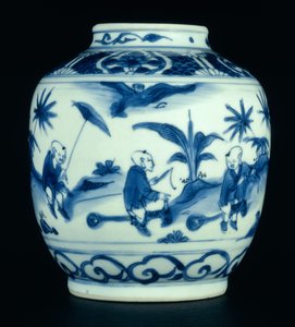 Modrá a bílá sklenice malovaná s chlapci hrajícími si na konících, Wanli nebo Chongzheng, 1600-30 (porcelán) (viz 206093, 206095, 206096)