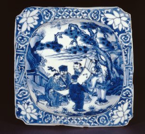Modrá a bílá kosometsuke čtvercová miska malovaná Shoulao a jinými nesmrtelnými, Tianqi, 1621-27 (porcelán)