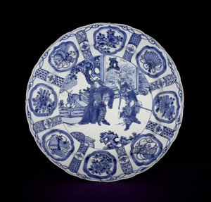 Modrobílé kraakové nádobí malované válečníky, Wanli, 1590-1610 (porcelán)
