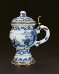 Modrobílý hrnec na hořčici s víkem malovaný učencem a sluhou, Chongzheng, 1635-40 (porcelán)