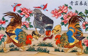 Kohout zabíjející mnohonožku, ilustrace z Výzkumu pověr v Číně, publikované v Šanghaji od Imrimerie de la Mission Catholique, 1929 od Chinese School