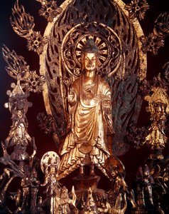 Detail oltářního obrazu věnovaného Buddhovi Maitreyovi, 524 (zlacený bronz) od Chinese School