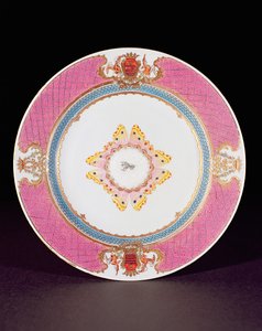 Jídelní talíř malovaný smalty Famille Rose s rameny Grimaldi di Castro, období Yongzheng (1723-35) kolem roku 1735 (porcelán)