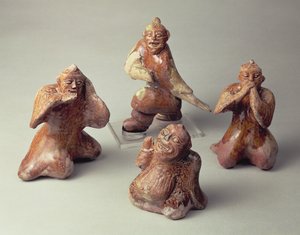 Raně čínská keramická skupina čtyř bavičů, hrobový artefakt, dynastie Chan, 25-220 n. l. (keramika)