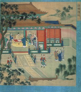 Císař Hsien Ti (fl.189-220) s učenci překládajícími klasické texty z dějin čínských císařů (barva na hedvábí) od Chinese School