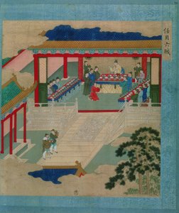 Císař Hui Tsung (r.1100-26) se účastní festivalu, při kterém se pije z poháru z drahých kamenů z historie čínských císařů (barva na hedvábí) od Chinese School