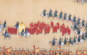 Recenze císaře Qianlonga na velkolepou přehlídku vojsk, handscroll od Chinese School