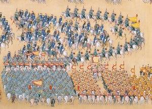 Recenze císaře Qianlonga na velkolepou přehlídku vojsk, handscroll od Chinese School
