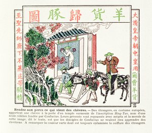 Evropští cizinci u brány Konfuciova chrámu – jejich dar kozy je s pohrdáním odmítnut, 1891 od Chinese School
