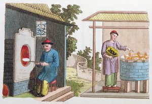 Vypalování porcelánu v Číně na konci 18. století, z La Chine en Miniature, J. B. Breton, Paříž, editoval Nepveu, 1811 (barevná rytina)