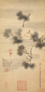 Pět netopýrů uprostřed borové větve, 1844 od Chinese School
