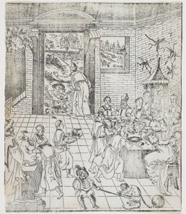 Lazarus v domě bohatého muže, deska od Giulio Alenis Tianzhu jiangsheng zhuxiang jingjie (Ilustrovaná historie Pána nebes, který se vtělil do těla), Jinjiang Church, Fu od Chinese School