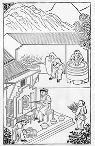 Otevírání a zavírání pecí, ze série ilustrací o výrobě porcelánu (viz 384116 a 384117 pro celou sérii) od Chinese School