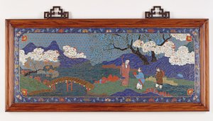 Panel zobrazující čínskou krajinu, dynastii Ming (smalt Cloisonne)